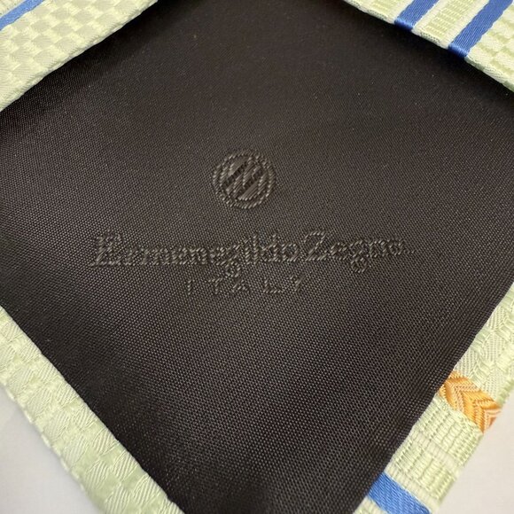 NWT Ermenegildo Zegna Mens 100% Silk Jacquard Tie Light Green Yellow Blue Italy - Picture 7 of 10